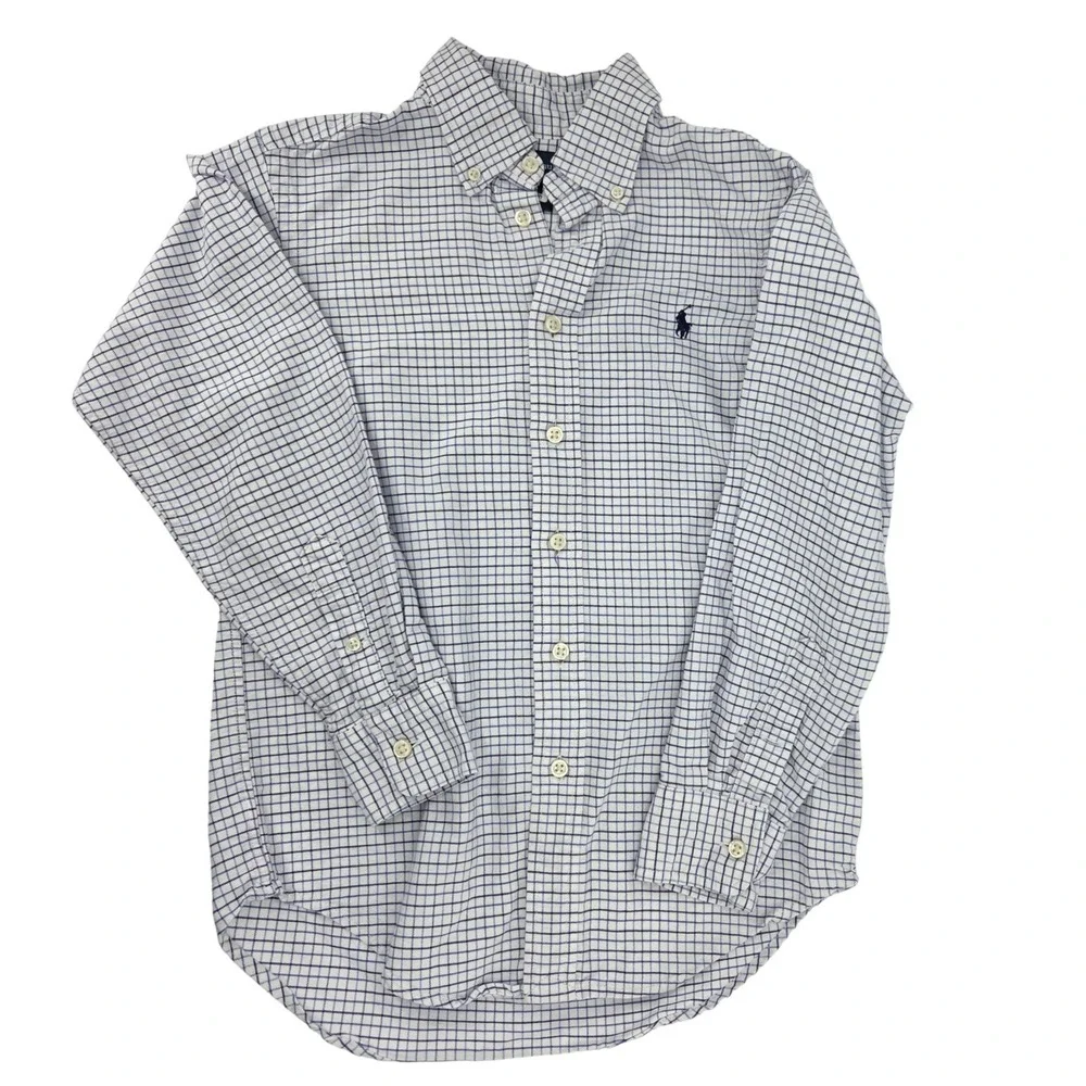 Ralph Lauren Button Down Shirt Boys 10 White Blue Check Preppy Academic Classic‎
